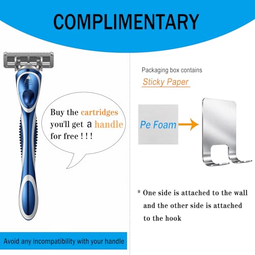 6-Blade Razor Refill Cartridges 4 Count, Professional Razor Blades for Men with Lubricating Strip, Wall Hook & Cleaning Brush Included for Smooth Shaving with Matching Handle