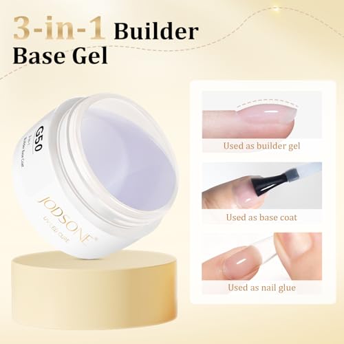 JODSONE 3-in-1 Builder Gel G50 - Clear Nail Strengthening & Building Gel, 15g, No Wipe Base Coat, UV/LED Curing, Variation G50