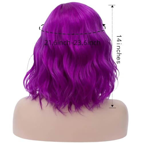 Dark Purple Short Bob Wavy Curly Wig for Women - 14" Heat Resistant