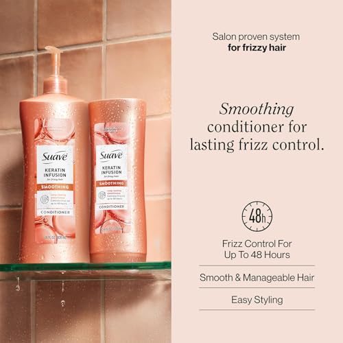 Suave Keratin Infusion Smoothing Conditioner 2-Size Bundle, Gentle Everyday Moisture for Smooth, Manageable Hair, 48H Frizz Control