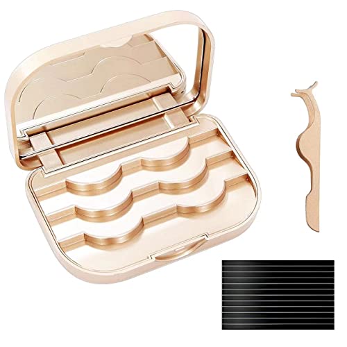 Eyelash Storage Case with Mirror and Tweezers - Gold