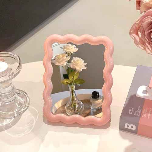 Wave Shaped Table Desk Vanity Makeup Mirror Portable Folding Cute Travel Make Up Mirror for Standing Hanging 6.7X5.3 Inch Home Decoration (Pink)