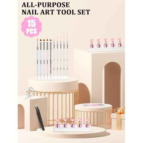 Nail Art Tools Set, Nail Stand for Press on Holder for Painting Nails, Nail Art Brushes and Dotting Tools, Nail Design Tools Supplies, Gel Polish and Builder Brush, French Tip Brush, Liner Brush