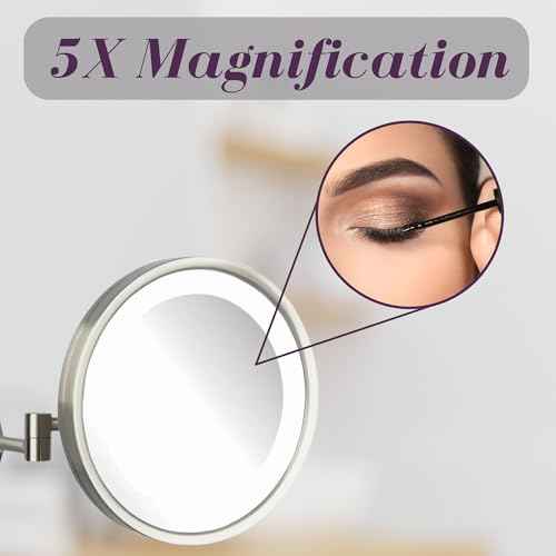 JERDON Lighted Wall-Mounted Makeup Mirror - Magnifying Mirror with LED Lights - 5X - Nickel Finish - Model HL1016NL
