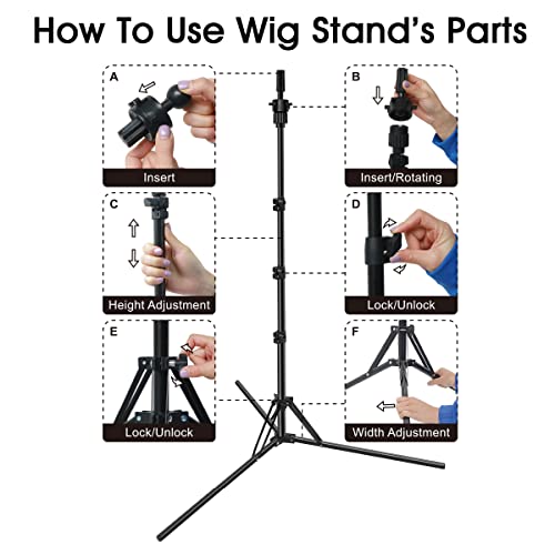 LNASI Mannequin Head Stand, Upgrade Foldable Wig Stand Tripod for Cosmetology Hairdressing Training, Metal Adjustable Wig Head Stand with Wig Caps, T-Pins, Comb, Hair Clips