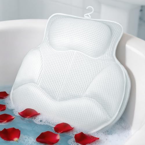 Luxury Bath Pillows for Tub with 4D Mesh Fabric - Thick and Soft Ergonomic Head Neck Back Support, Quick-Drying White Bath Pillows with Anti-Slip Suction Cups, Spa Gift for Adults and Seniors