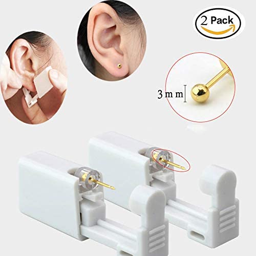 Self Ear Piercing Gun Kit 3mm Gold Peas Disposable Easy Use No Pain Piercing Tool with Stud & Alcohol Pads - 2 Pack