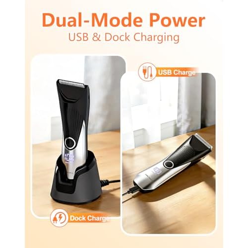 Body Hair Trimmer, LED Display, 6500 RPM Motor Manscaper for Men, 3 Adjustable Combs, USB & Dock Charging, IPX7 Waterproof Body Hair Groomers, Wet or Dry Use for Groin/Legs/Chest