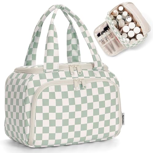 Narwey Large Checkered Travel Toiletry Bag - Makeup Organizer with Handle