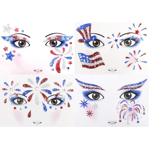 Boko 4th of July Patriotic Glitter Face Stickers, 4Pcs Red White Blue Temporary Tattoos, Self Adhesive Art Sticker Face Tattoos for Independence Day Memorial Day Veterans Day Flag Rave Party