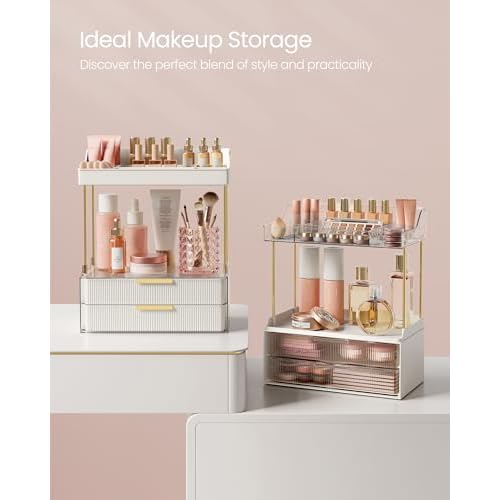 SONGMICS 4-Layer Makeup Organizer, Skincare Organizer, 4 Dividers, Anti-Slip Design, Bathroom Counter Organizer, Versatile for Vanity Bedroom Kitchen, 7.8 x 12.5 x 15.4 Inches, Cloud White UJKA021W01