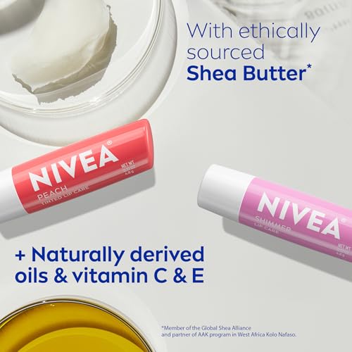 NIVEA Peach Lip Care (4 x 0.17 oz Stick) + NIVEA Shimmer Lip Care (4 x 0.17 oz Stick), Lip Balm Set with Shea Butter, Nourishing Oils and Vitamin C & E