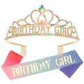 Birthday Crown and Sash Set for Women - Gold Rhinestone Tiara