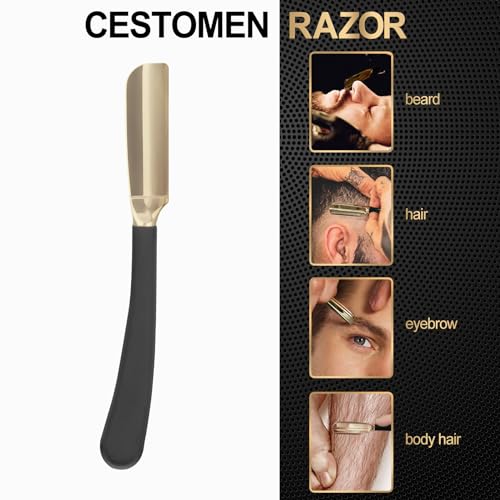 CestoMen Straight Shaving Razor for Men, Professional Barber Straight Razor Stainless Steel Straight Edge Razor Salon Quality Anti Slid Cut Throat Shavette for Barbershop Salons Hairdressing (Gold)