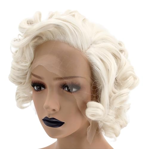 ANOGOL Hair Cap+ 13 * 1 Middle Part Light Blonde Lace Front Wig Synthetic Hair Short Curly 613 Blonde Bob Wigs Glueless Natural Hairline For Women