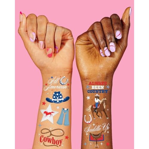 xo, Fetti American Cowgirl Temporary Tattoos - 54 Silver Foil Pcs | Birthday Accessory, Western Bachelorette USA Party Favor, 4th of July Activity