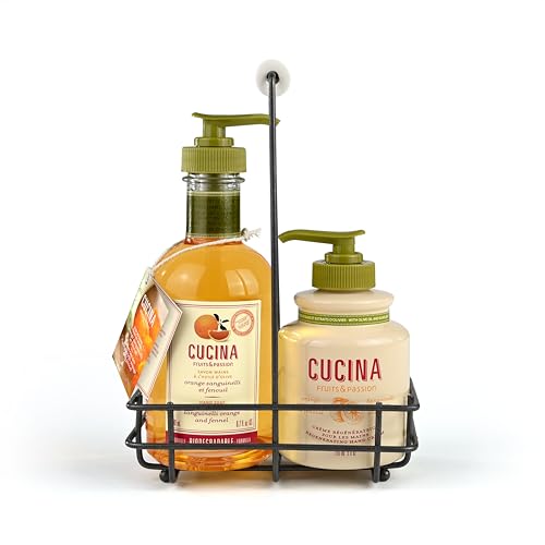 Fruits & Passion Cucina Hand Care Duo Gift Set ? Sanguinelli Orange & Fennel, Hand Soap and Regenerating Hand Cream with Cold-Pressed Olive Oil,Includes Metal Holder, 6.7 fl oz + 5.0 fl oz