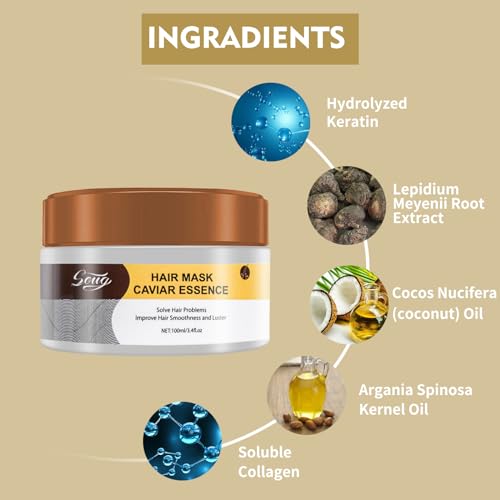 Collagen Hair Mask for Dry Damaged Hair-Argan Oil Protein Conditioning Treatment Collagen Hair Treatment Deep Repair Conditioning for Curly or Straight Thin Fine Hair 100ml (2PC)