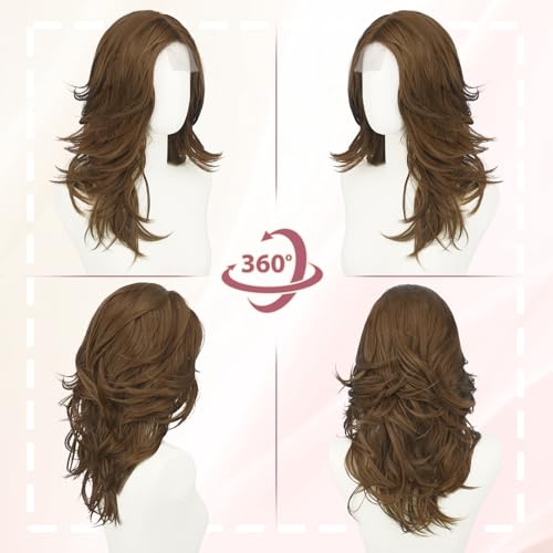 Haloo Brown Layered Wig with Curtain Bangs Lace Front 20 Inch