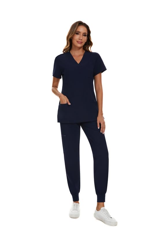 COZYFIT Scrubs for Women Set - Stretch V-Neck Scrub Top & Jogger Pant with 8 Pockets, Yoga Waistband, Anti Wrinkle, Slim Fit Women Scrubs - Navy Blue, XS