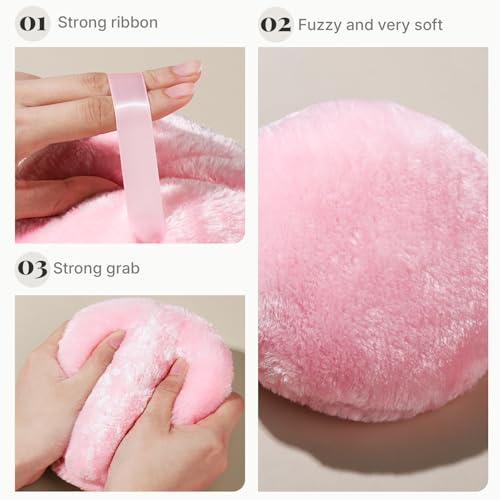 Teenitor Powder Puff 5.5" Extra Large Powder Puff and Container, Dusting Powder Container with Puff, Glass Crystal Powder Container for Body Powder Puff Pink