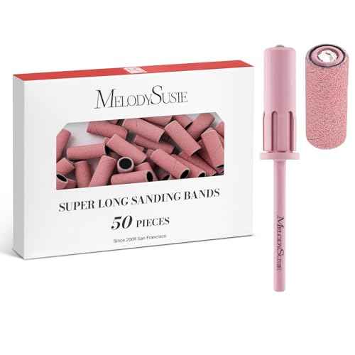 MelodySusie 50 Pcs Nail Drill Bits Super Long Sanding Bands with 6.65mm Crystal Mandrel Bit, 180 Fine Grit Nail File for Acrylic Nails Gel Manicures and Pedicure, Pink