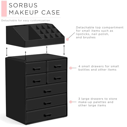 Sorbus Makeup Organizer, Brush Holder and Make Up Storage Drawers - Acrylic Makeup organizer for vanity, Bathroom - Cosmetic Display Cases with 3 large, 4 Small Drawers & 1 Tray for Makeup Brush