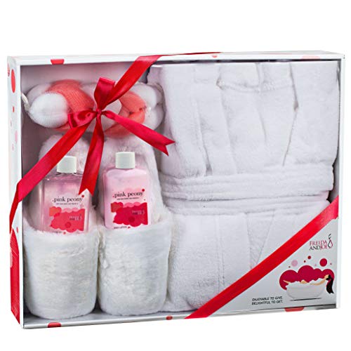 Luxury Home Spa Gift Basket with Pink Peony Scent - Indulgent Ultra Soft Bathrobe & Plush Slipper Spa Box for Women - Complete Bath & Body Set Luxury Body Care ? Mother's Day Gift for Mom