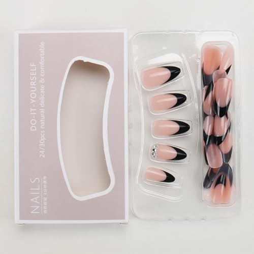 Black French Tip Press On Nails Medium Almond 24Pcs