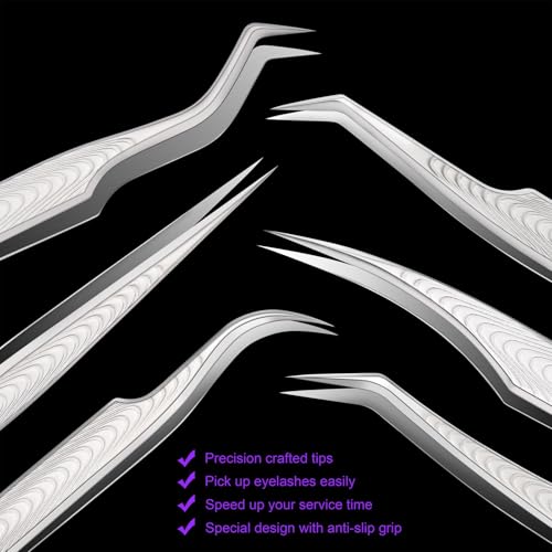 Lash Tweezers for Lash Extensions, High Precision Eyelash Tweezers Set for Individual Classic and Volume Lashes, Professional Lash Extension Tweezer Set for Lash Artists (Pack of 6, Sliver)