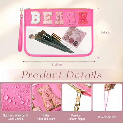 Kacctyen 6 Pcs Beach Bags Chenille Letter Clear Makeup Bag with Zipper Waterproof Cosmetic Toiletry Pouch with Handle Gym Travel Summer Gifts for Women Girls (Pink Mix,Beach)