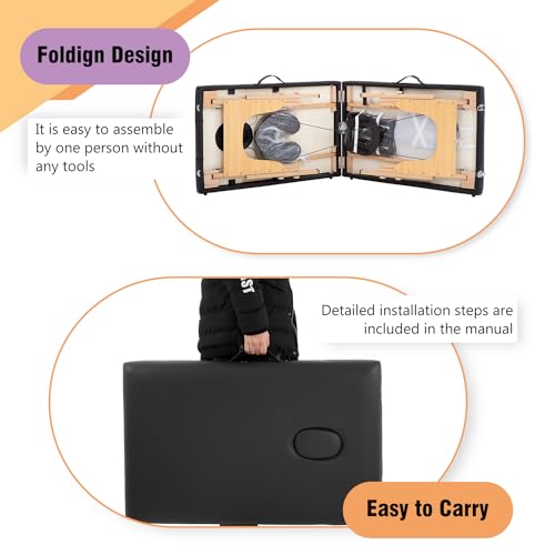 Portable Folding Massage Bed 24" Wide, Black - Lightweight & Adjustable