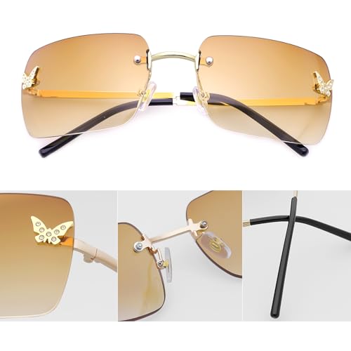 Unisex Rimless Y2K Rectangle Sunglasses with Clear Tinted Lenses - Fashion Shades for Women & Men