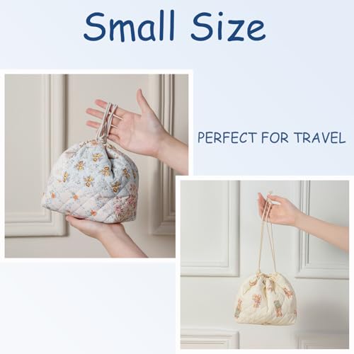 Quilted Cotton Drawstring Makeup Bag with Canvas Lining