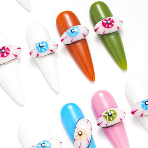 Colorful Hand-pained Devil eyes Handmade Press On Nails,Long Stiletto Glue On Nails,3D Relief Mesmerizing False Nails For Women And Girls,10Pcs/Set With Glue,(White-S),FOB