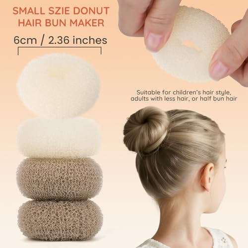 Small Hair Bun Maker Set - 2 Colors for Kids & Finer Hair, Includes Hair Pins & Bands - Beige & Tan Brown Variation