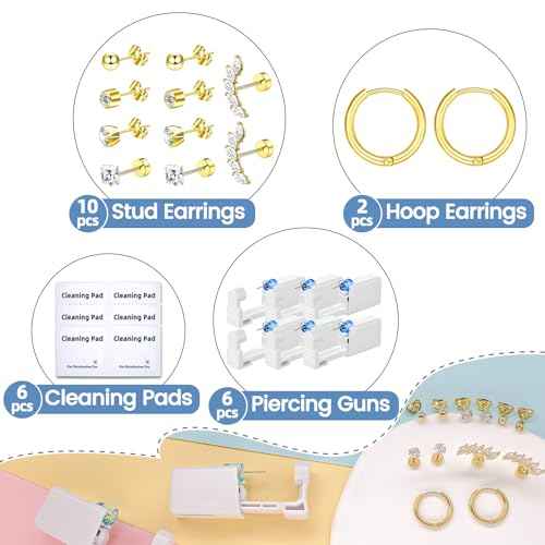 24 Pcs Ear Piercing Kit Ear Disposable Piercing Gun Kit Includes 6 Pcs Self Piercing Gun 12 Pcs Cubic Zirconia Earrings Stud Hoop Earrings 6 Cleaning Pads Easy to Use Ear Piercer Kit Tool