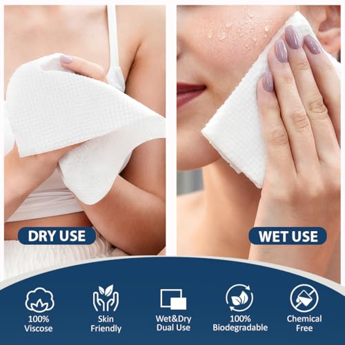 GLIMGLINT Face Towels, 100 Count (2 Box) Disposable Face Towelettes, Biodegradable Makeup Remover Dry Wipes, Super Soft Clean Facial Towels Wash Cloth for Sensitive Skin