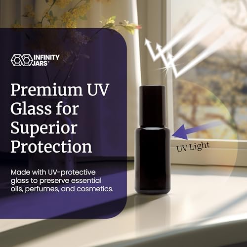 Infinity Jars Black Ultraviolet Glass Bottle 15 Ml (.5 fl oz) w/Glass Ball Roll on Tip Screw top Bottle for Essential oil, Airtight Round Bottles Cosmetic Containers Roller Bottles w/Black Cap 10-Pack