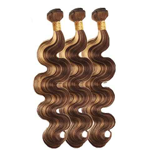 P4/27 Highlight Blonde Bundles Human Hair Body Wave Bundles Human Hair 20 20 20 Inch Brazilian Hair 3 Bundle Brown Unprocessed Virgin Remy Hair Extensions 50 Gram Per Bundle