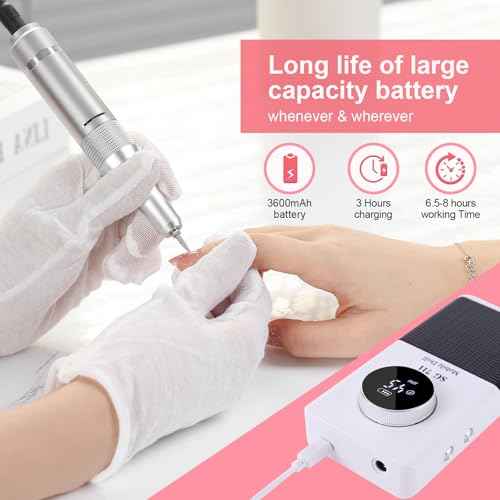 Electric 45000RPM Nail Drill Machine Rechargeable Portable Nail File Electric DIY Nail Drill Kit with Smart LCD Screen for Gel Nail Manicure and Pedicure Reflective Body etc (White)