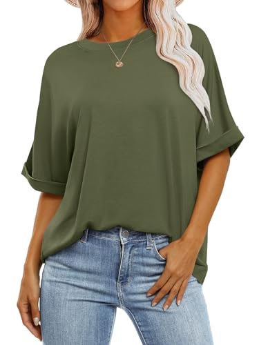 ANRABESS Women's Oversized T Shirts Short Sleeve Crewneck Summer Tops Casual Loose Basic Tee Shirts 2024 Trendy Clothes Olive Green Small