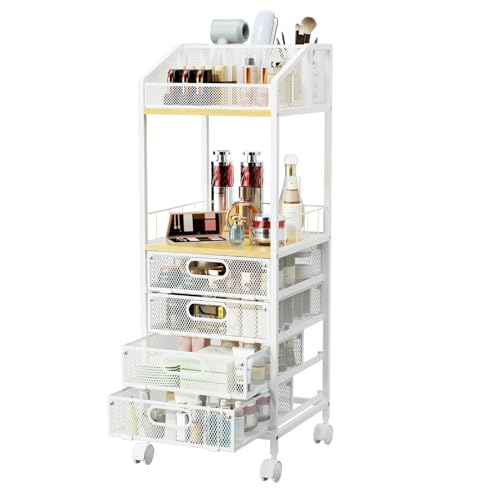 HapiRm Makeup Organizer Storage Cart - Floor Skincare Make Up Storage with 4 Drawers, Rolling Makeup Cart Vanity Organizer Cosmetics Display Cases Holder for Skin Care Perfume Nail Polish