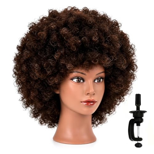 Headdoll Afro Curly Mannequin Head with 100% Human Hair - Brown, 9 Inch, Clamp Stand Included, Hairdresser Practice & Styling
