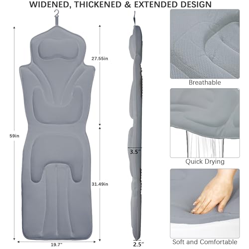 Ergonomic Full Body Bath Pillow for Bathtub, 5D Luxury Spa Cushion with 114 Non-Slip Suction Cups, Extra Long Thick Bath Pillow for Full Body Support, for Adult with Laundry Bag & Hook (Grey) (Gray)