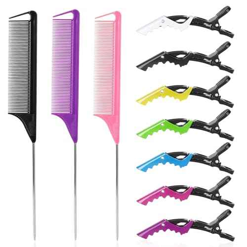 10Packs Rat Tail Comb Hair Clips Set£¬3Pcs Rat Tail Combs£¬Parting Comb and 7Pcs Alligator Styling Sectioning Clips of Professional Hair Salon Quality(Black,Purple,Pink)