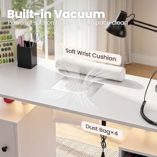Nail Tech Table with Dust Collector & LED Light - Rolling Manicure Desk