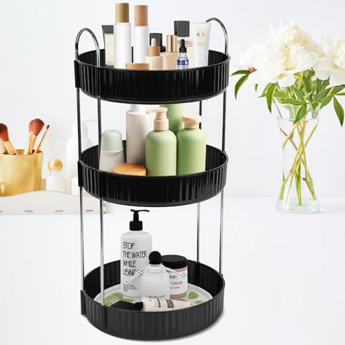 Rotating Makeup Organizer 3-Tier Lazy Susan - Countertop Vanity Storage for Hair, Skincare & Perfume, Black