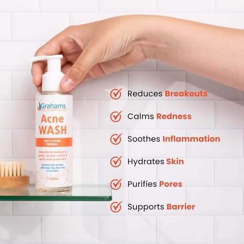 Grahams Natural All-Natural Acne Face Wash Gentle Acne Cleanser with Aloe Vera, Cucumber & Green Tea Extract - Reduces Breakouts, Calms Redness, Hydrates Skin - Hypoallergenic (4.23 fl oz)