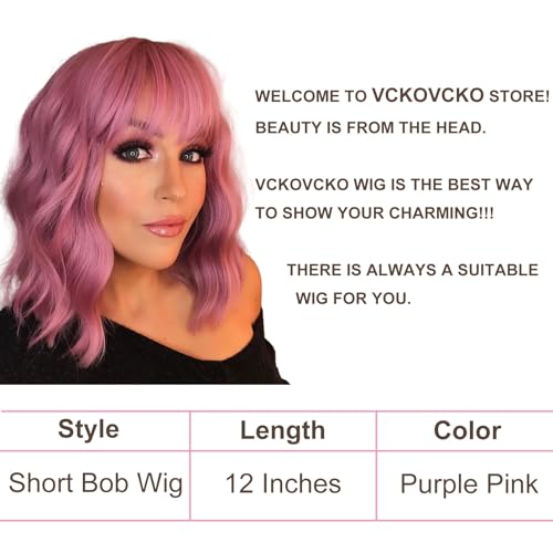 VCKOVCKO Pastel Wavy Wig With Air Bangs Women's Short Bob Purple Pink Curly Shoulder Length Bob Synthetic Daily Use Colorful Cosplay Wig for Girls (12", Purple Pink)